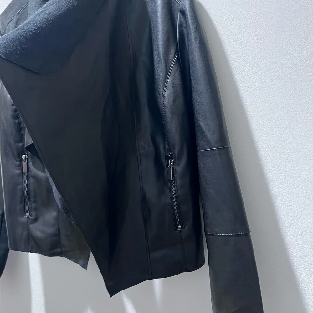 Faux Leather Sophisticated Black Draped Blazer
